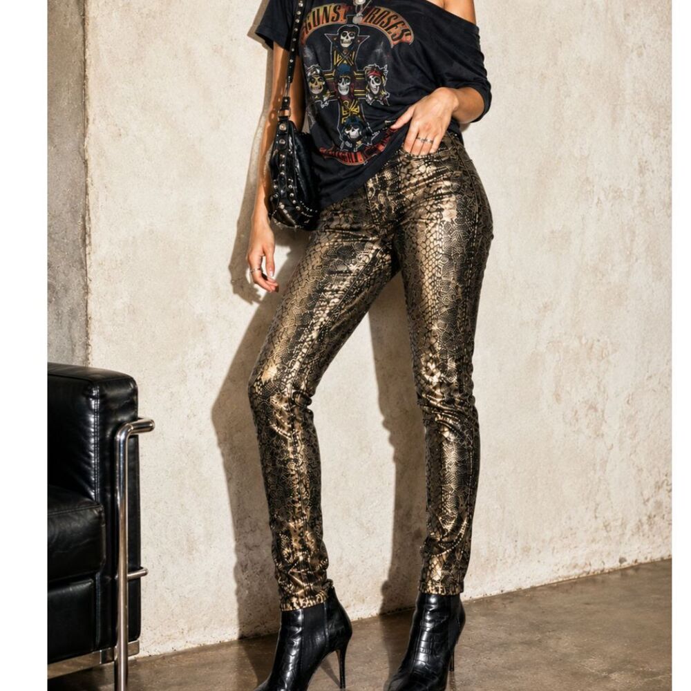Rock & Republic Berlin Skinny Jeans 8 Gold Metallic Snakeskin Print Y2K